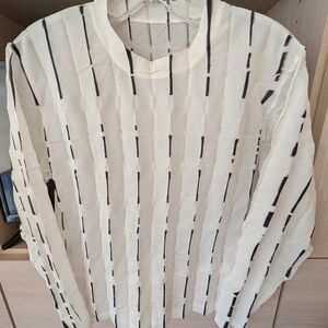 Issey Miyake Ivory and Black Striped Long Sleeve Top